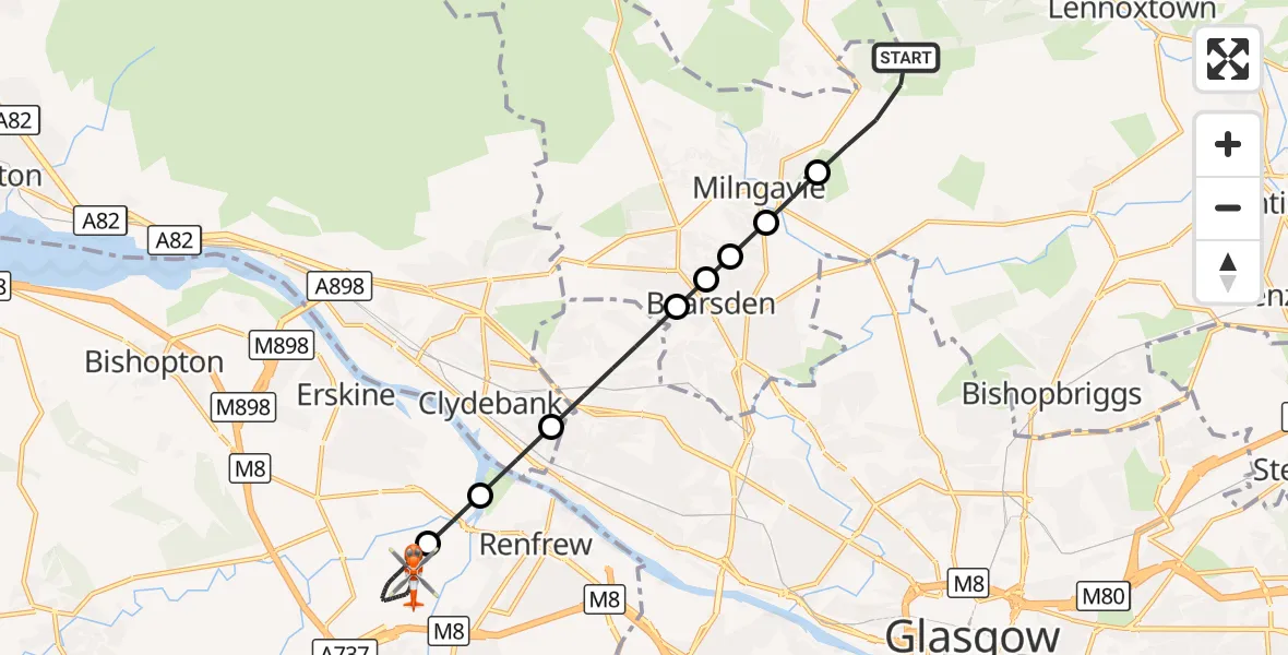 Flight route Coastguard Helicopter Milngavie - Glasgow Airport, 08 October 2026, 21:05