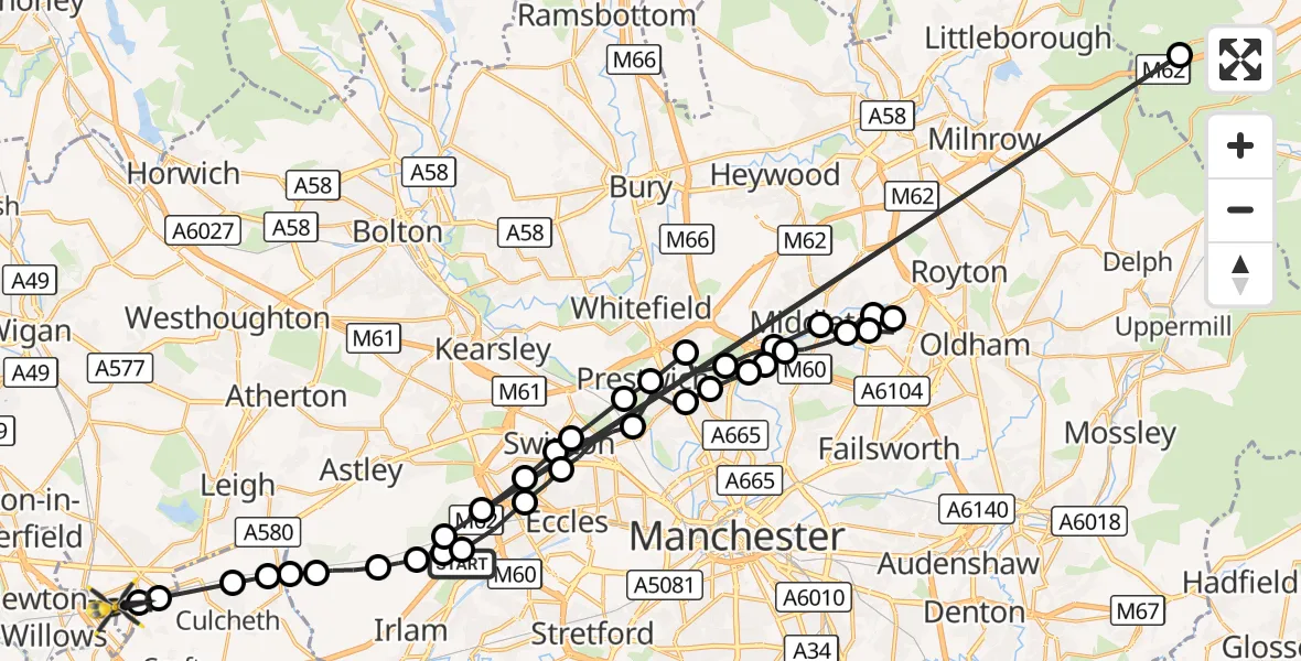 Flight route Police Helicopter Manchester Barton Aerodrome - Wigan, 08 October 2026, 21:12