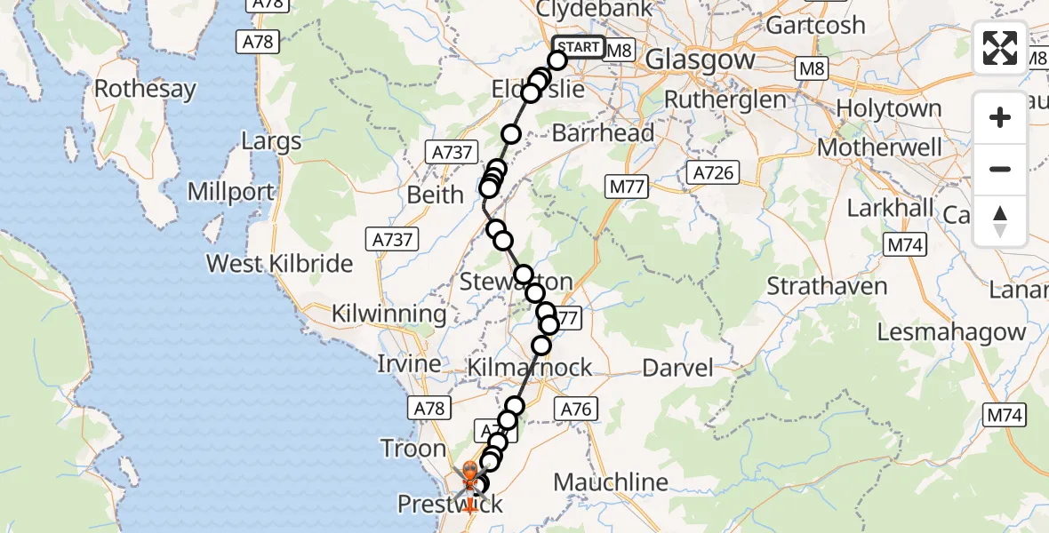 Flight route Coastguard Helicopter Glasgow Airport - Glasgow Prestwick Airport, 08 October 2026, 21:16