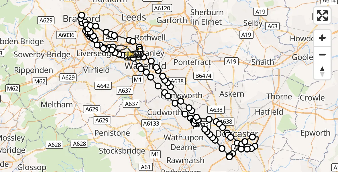 Flight route Police Helicopter Wrenthorpe - East Ardsley, 08 October 2026, 21:24