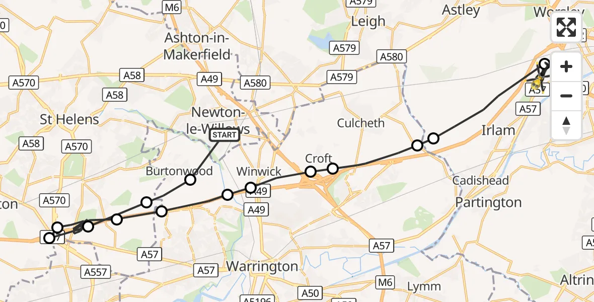 Flight route Police Helicopter Newton-le-Willows - Manchester Barton Aerodrome, 08 October 2026, 21:30