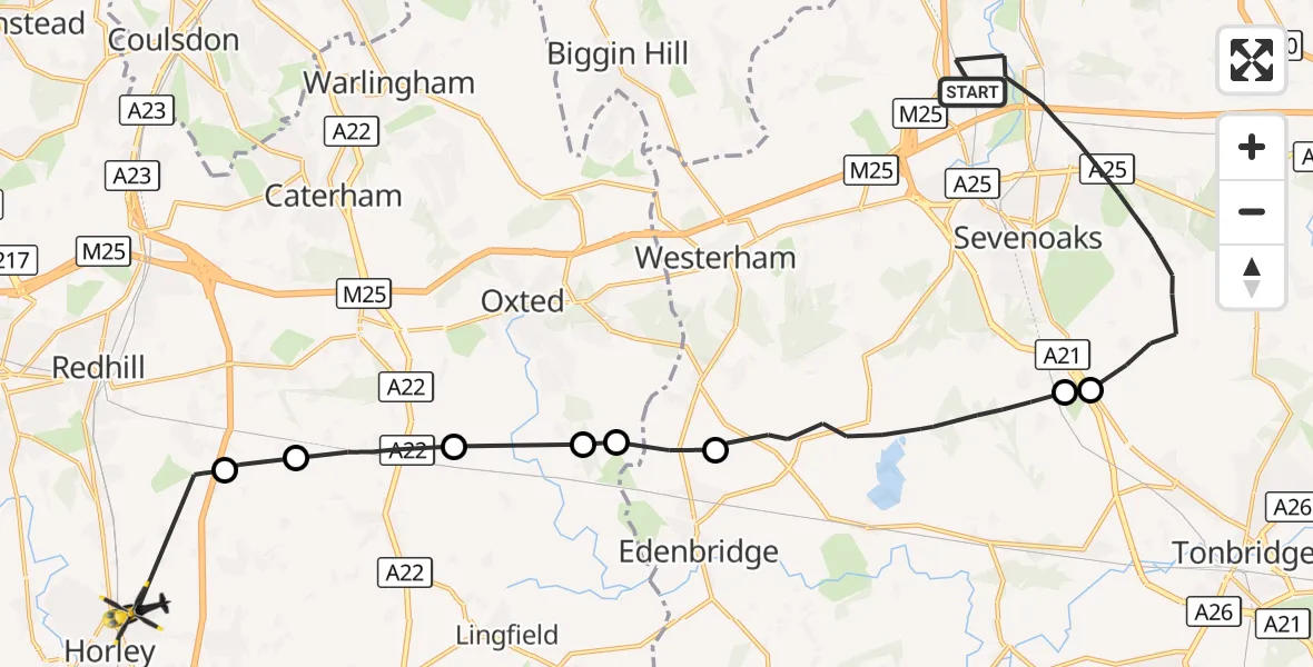 Flight route Police Helicopter Sevenoaks - Horley, 08 October 2026, 21:33