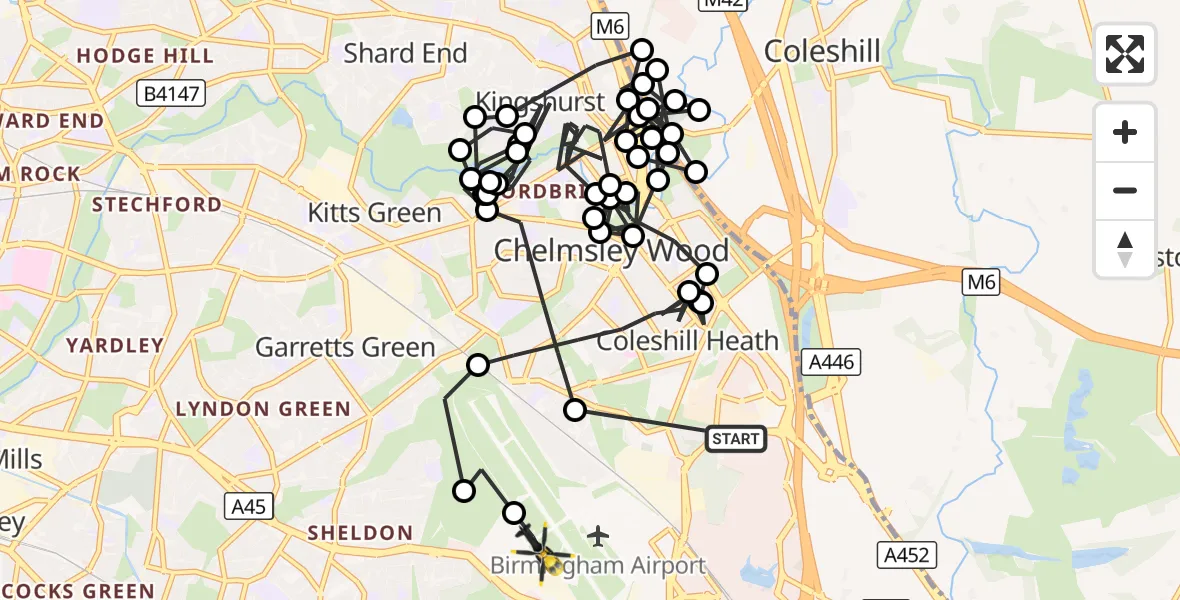 Flight route Police Helicopter Solihull - Birmingham Airport, 08 October 2026, 22:19