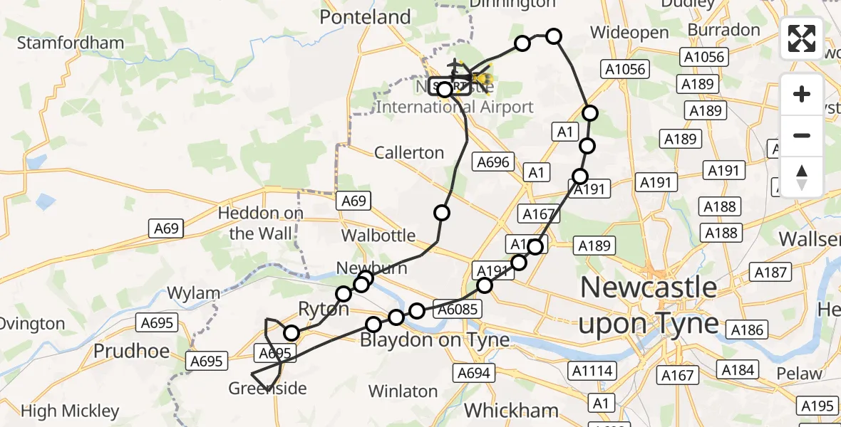 Flight route Police Helicopter Newcastle International Airport - Newcastle International Airport, 08 October 2026, 23:19