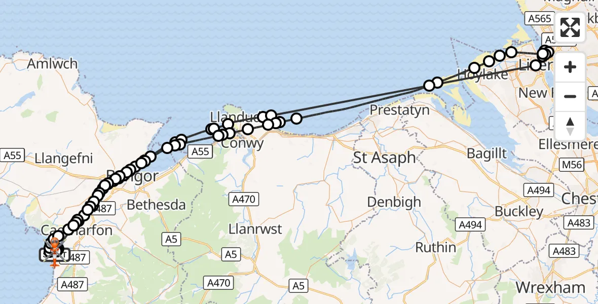 Flight route Coastguard Helicopter Caernarfon Airport - Caernarfon Airport, 09 October 2026, 01:05