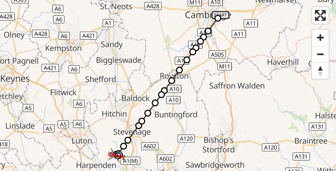 Flight route Air Ambulance Helicopter Cambridge City Airport - Wheathampstead, 09 October 2026, 06:33