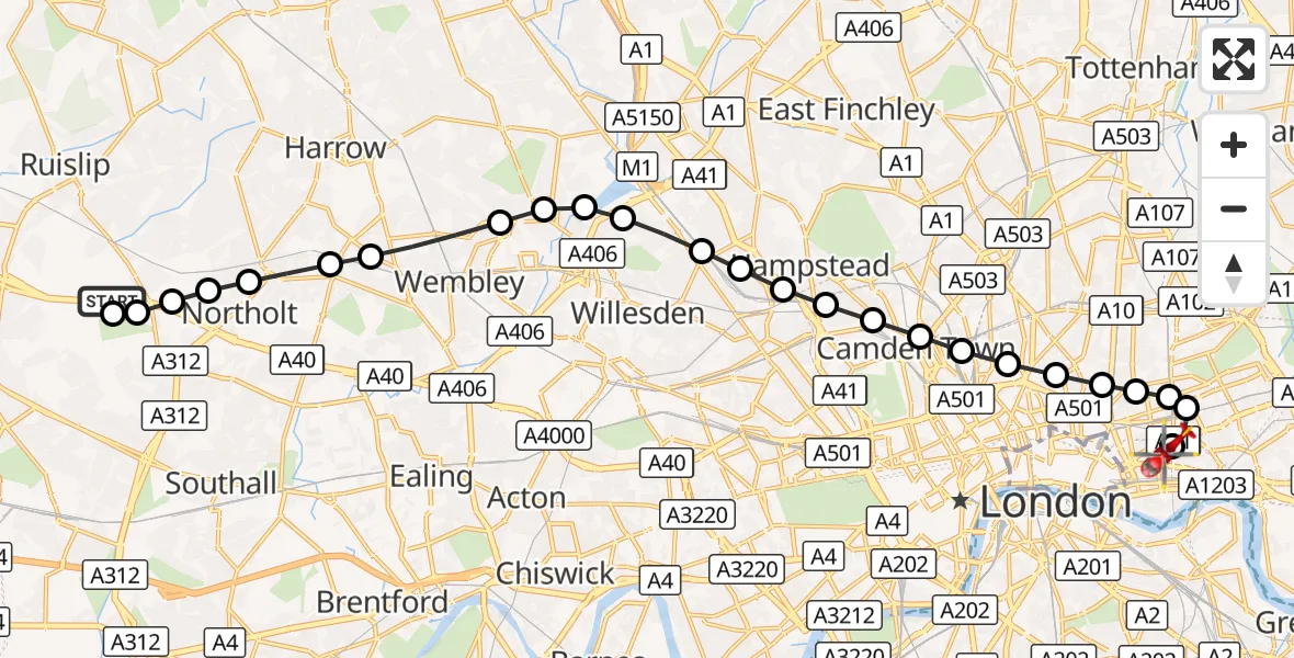 Flight route Air Ambulance Helicopter RAF Northolt - Royal London Hospital, 09 October 2026, 07:03