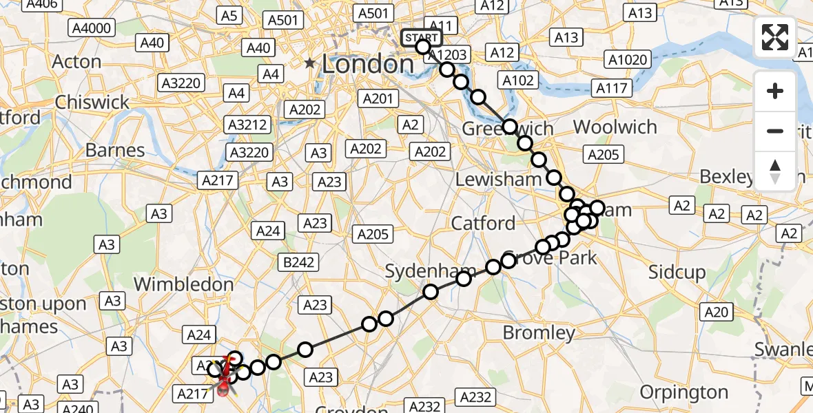 Flight route Air Ambulance Helicopter Royal London Hospital - Rosehill, 09 October 2026, 07:41