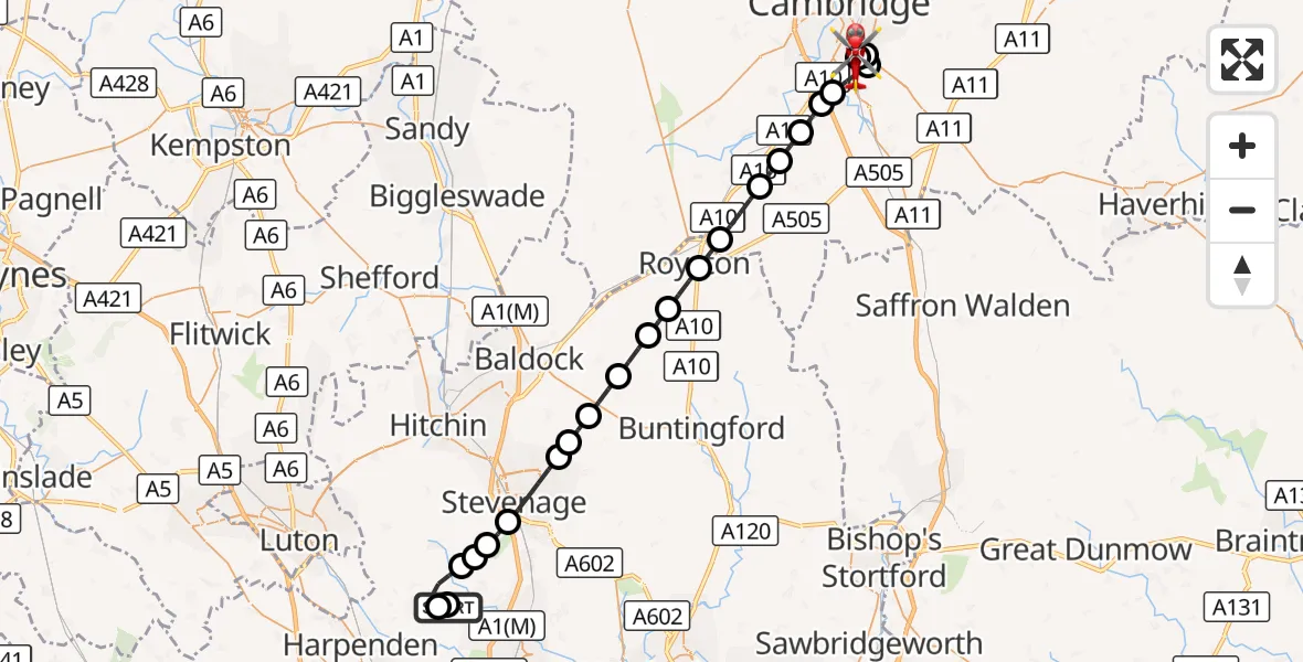 Flight route Air Ambulance Helicopter Ayot St. Lawrence - Papworth Hospital, 09 October 2026, 08:04