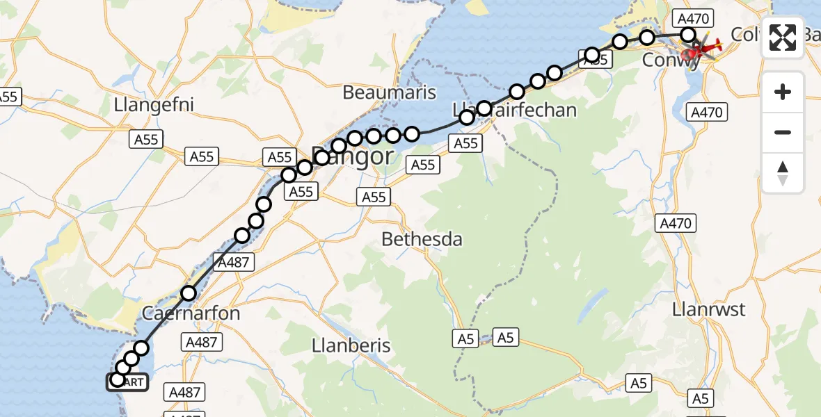 Flight route Air Ambulance Helicopter Caernarfon Airport - Llandudno Junction, 09 October 2026, 08:14