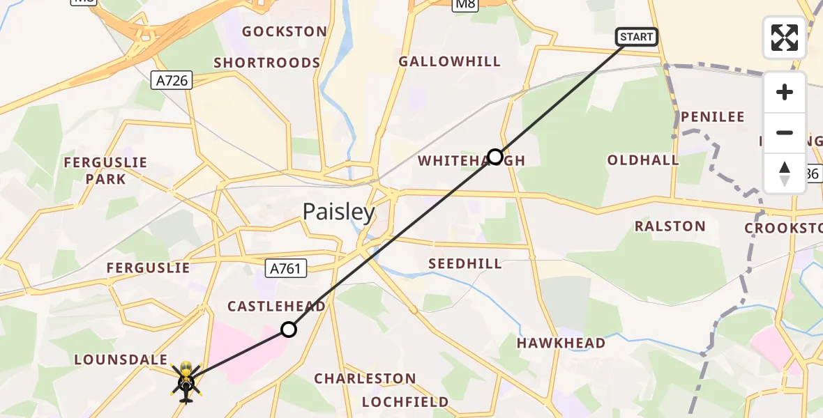 Flight route Police Helicopter Renfrew - Paisley, 09 October 2026, 08:24