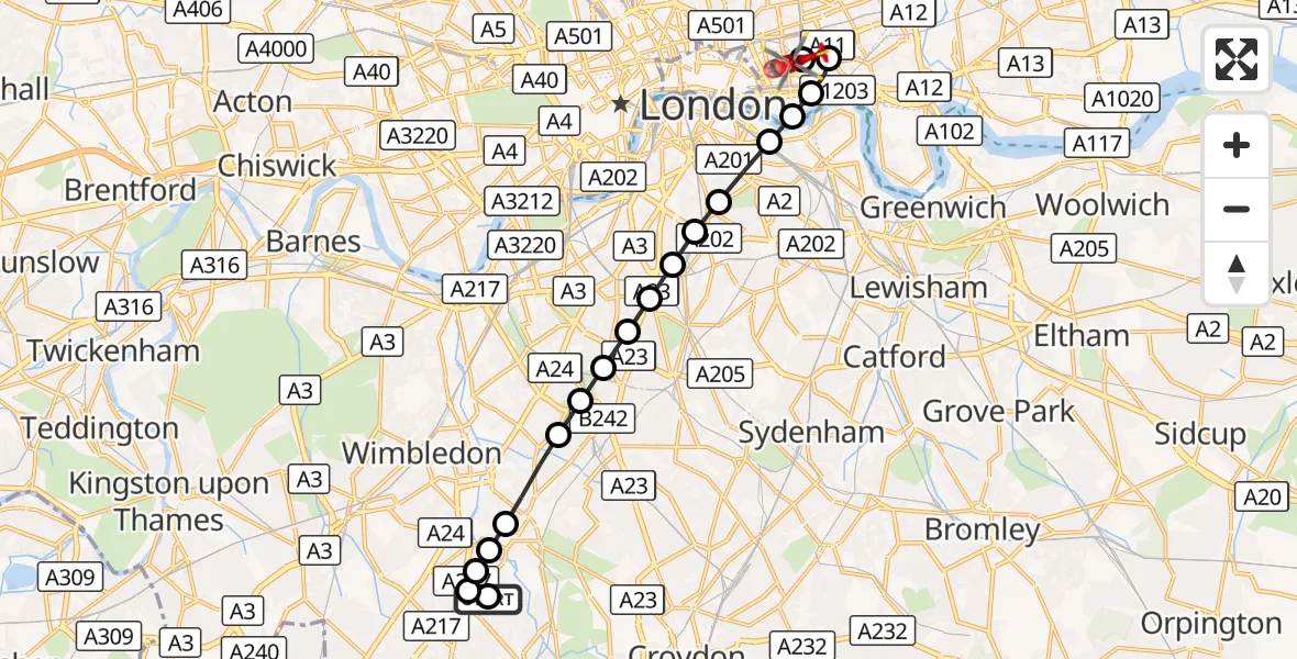 Flight route Air Ambulance Helicopter Rosehill - Royal London Hospital, 09 October 2026, 08:27