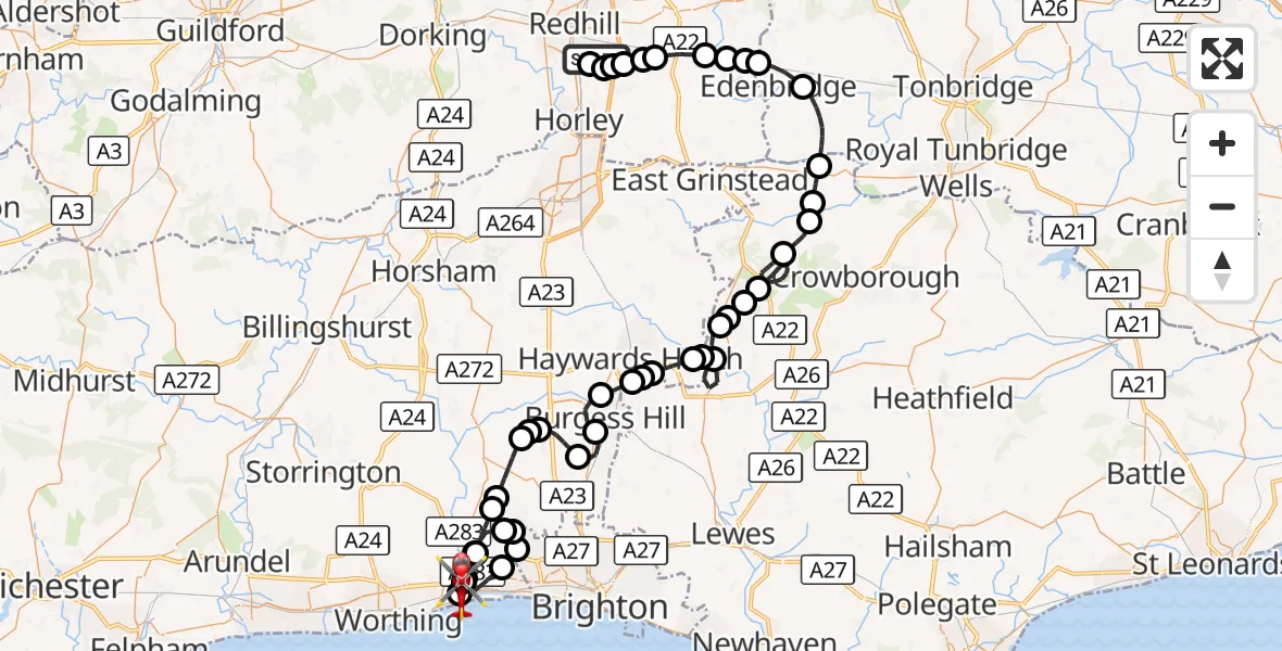 Flight route Air Ambulance Helicopter Redhill Aerodrome - Brighton City Airport, 09 October 2026, 08:35