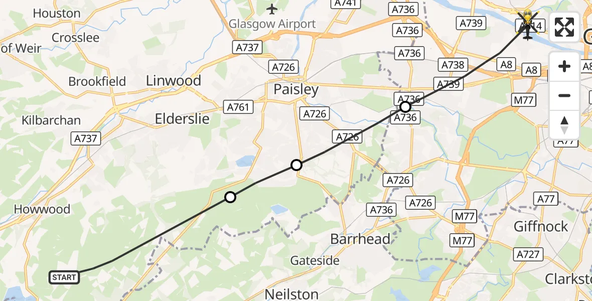 Flight route Police Helicopter Renfrewshire - Glasgow City Heliport, 09 October 2026, 08:47