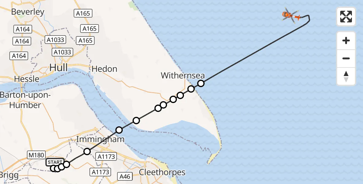 Flight route Coastguard Helicopter Humberside Airport - North Sea, 09 October 2026, 09:05