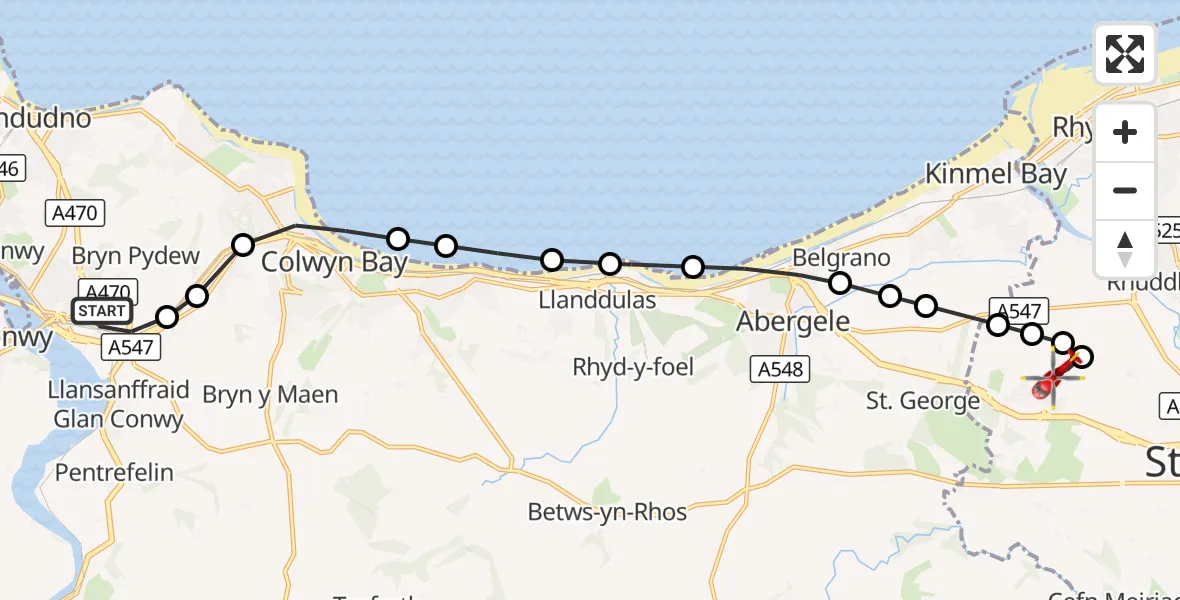 Flight route Air Ambulance Helicopter Llandudno Junction - Rhyl, 09 October 2026, 09:12