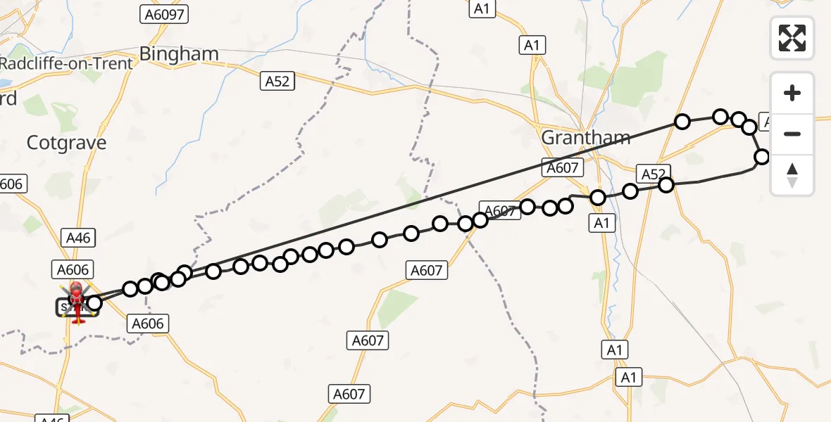 Flight route Air Ambulance Helicopter Nottingham Heliport - Nottingham Heliport, 09 October 2026, 09:23