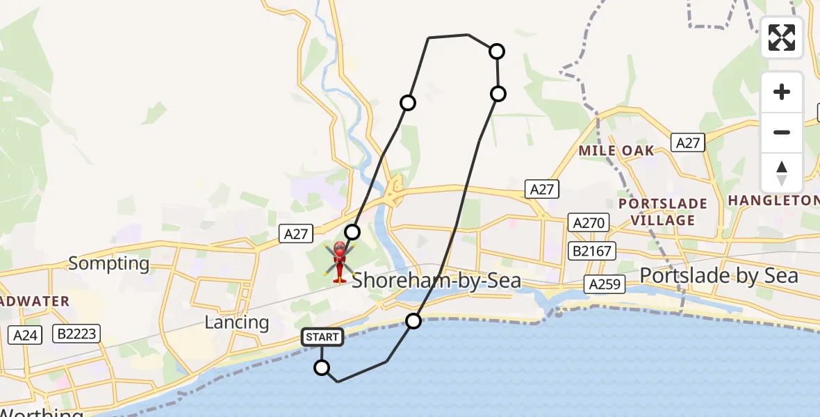 Flight route Air Ambulance Helicopter Shoreham-by-Sea - Brighton City Airport, 09 October 2026, 09:25