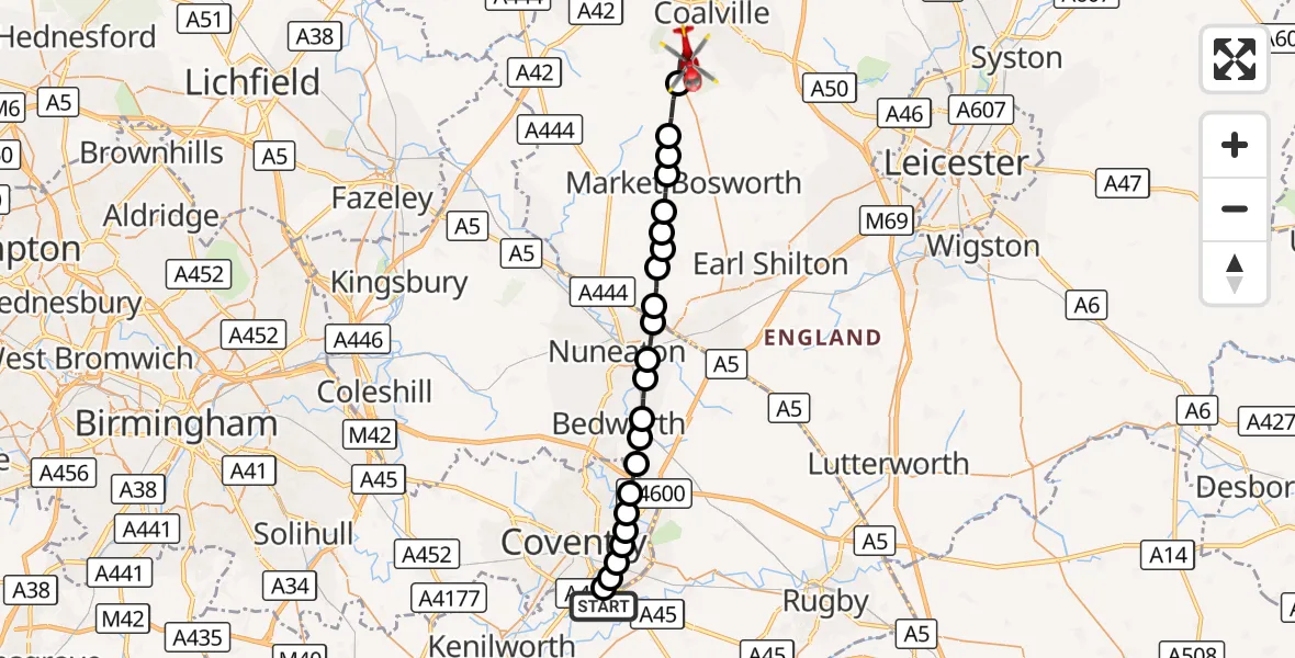Flight route Air Ambulance Helicopter Coventry Airport - Ibstock, 09 October 2026, 09:30