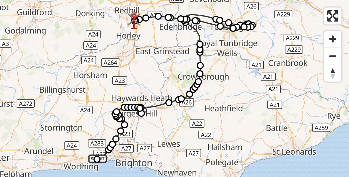 Flight route Air Ambulance Helicopter Brighton City Airport - Tandridge, 09 October 2026, 09:32