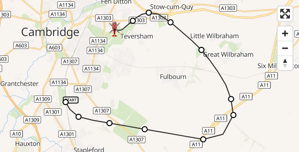 Flight route Air Ambulance Helicopter Papworth Hospital - Cambridge City Airport, 09 October 2026, 09:38