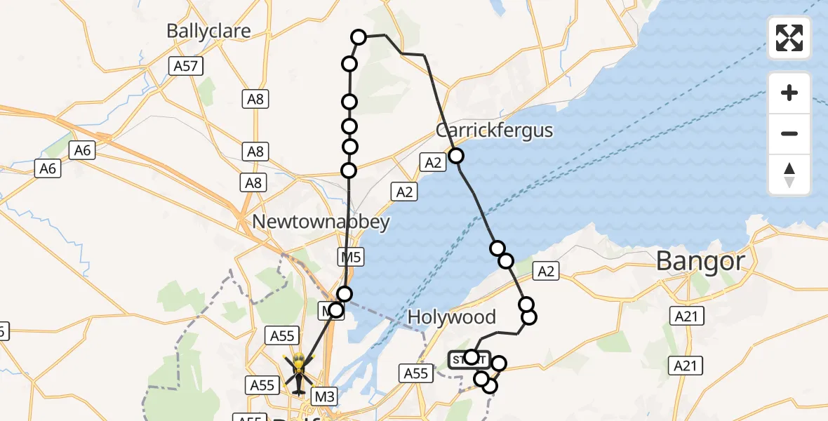 Flight route Police Helicopter Holywood - Belfast City District, 09 October 2026, 09:45