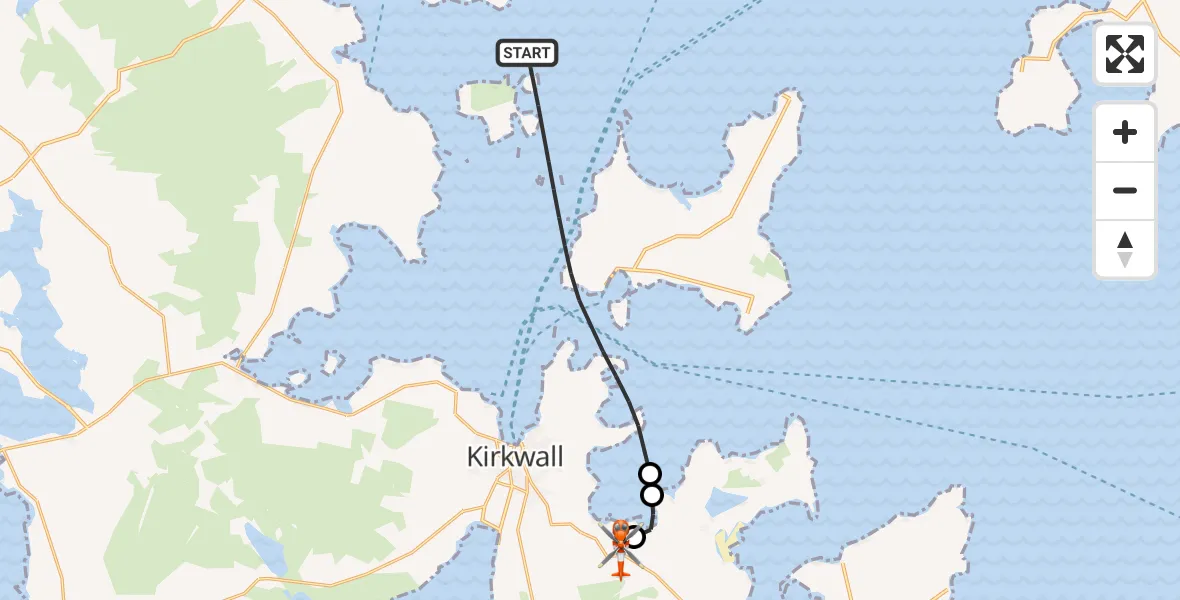 Flight route Coastguard Helicopter North Atlantic Ocean - Kirkwall Airport, 09 October 2026, 10:09