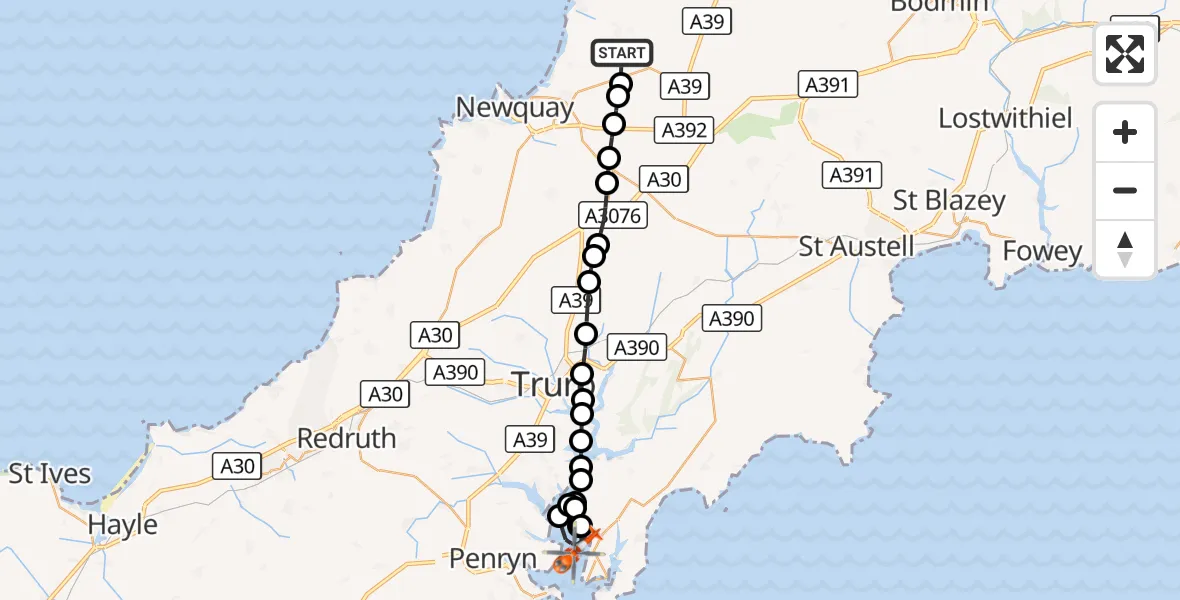 Flight route Coastguard Helicopter Cornwall Airport Newquay - Mylor Churchtown, 09 October 2026, 10:22