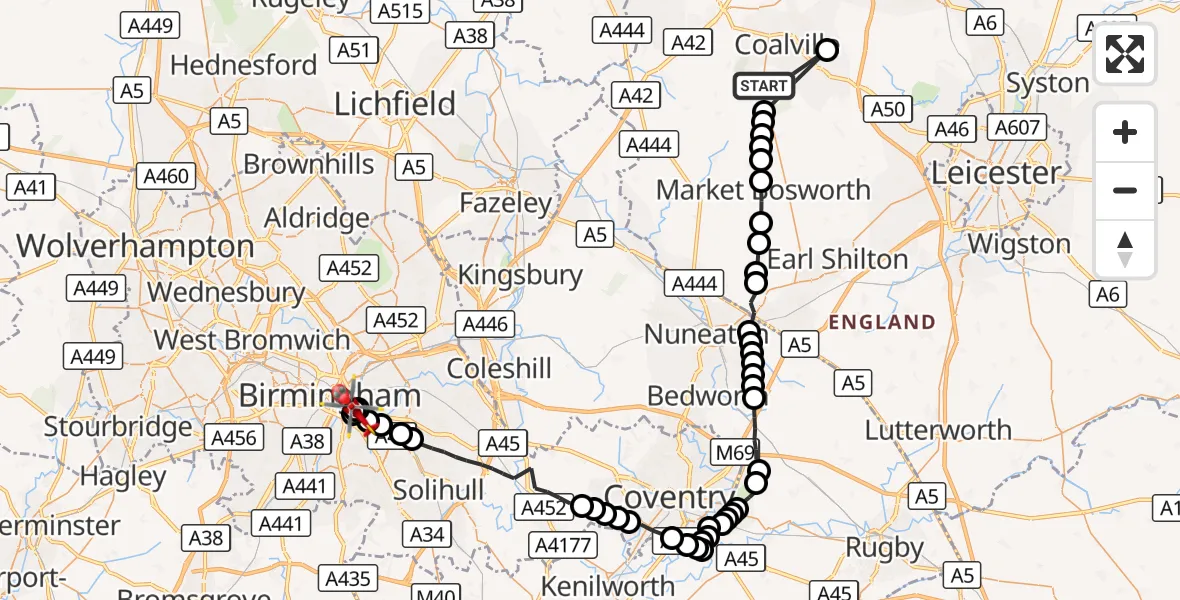 Flight route Air Ambulance Helicopter Ibstock - Highgate, 09 October 2026, 10:29