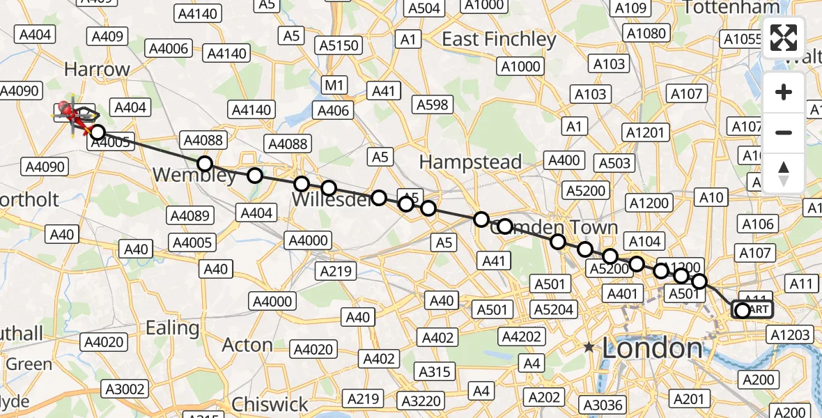 Flight route Air Ambulance Helicopter Royal London Hospital - Sudbury Hill, 09 October 2026, 10:32