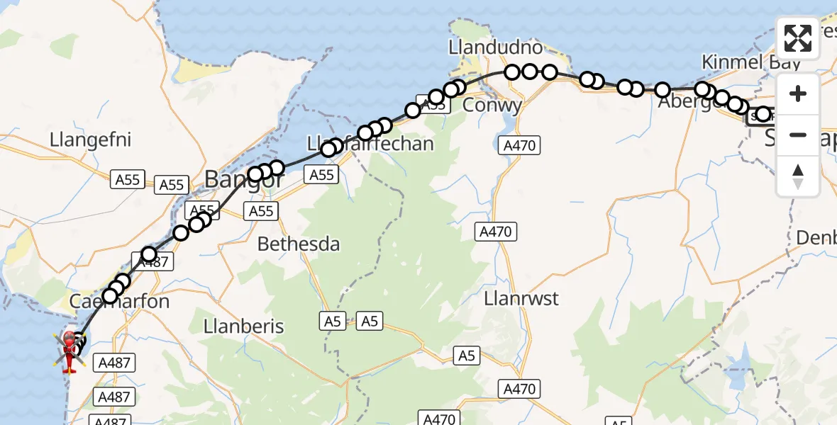 Flight route Air Ambulance Helicopter Ysbyty Glan Clywd Hospital Heliport - Caernarfon Airport, 09 October 2026, 10:35