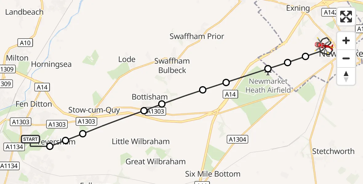 Flight route Air Ambulance Helicopter Cambridge City Airport - Newmarket, 09 October 2026, 11:00