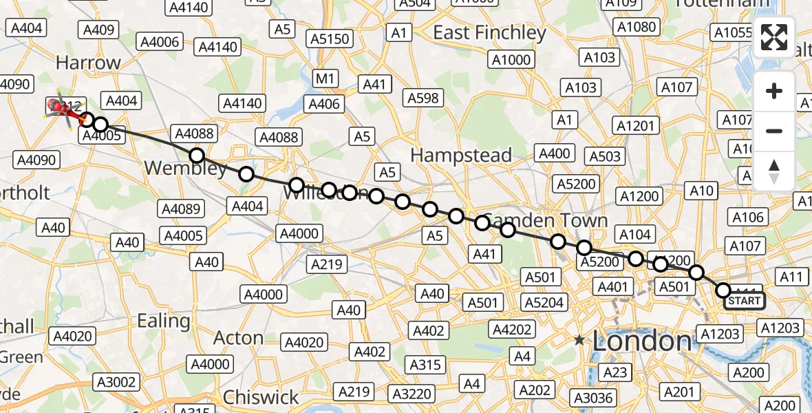 Flight route Air Ambulance Helicopter Royal London Hospital - Sudbury Hill, 09 October 2026, 11:04