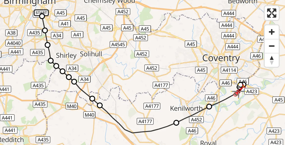 Flight route Air Ambulance Helicopter Sparkbrook - Warwick, 09 October 2026, 11:29