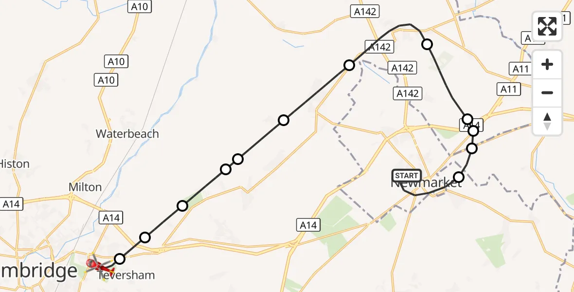 Flight route Air Ambulance Helicopter Newmarket - Cambridge City Airport, 09 October 2026, 11:38