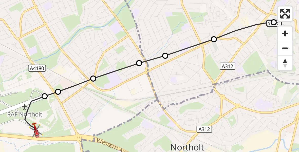Flight route Air Ambulance Helicopter Sudbury Hill - RAF Northolt, 09 October 2026, 11:39