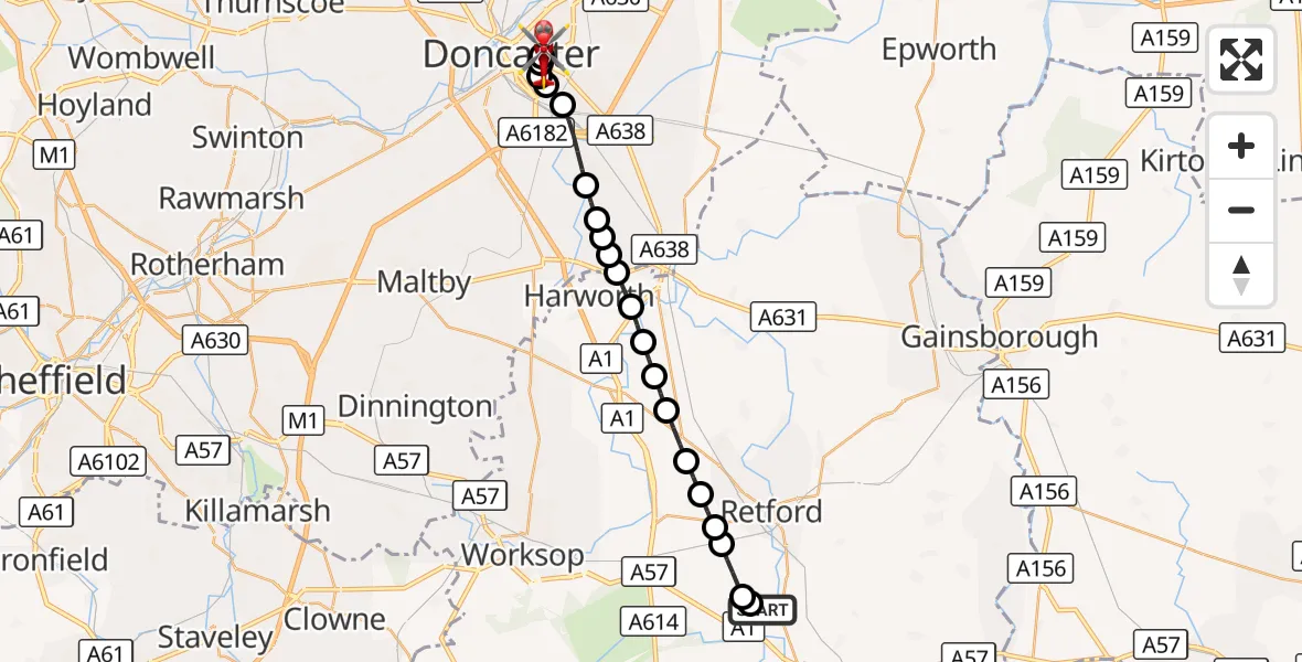 Flight route Air Ambulance Helicopter Retford Gamston Airport - Intake, 09 October 2026, 12:07