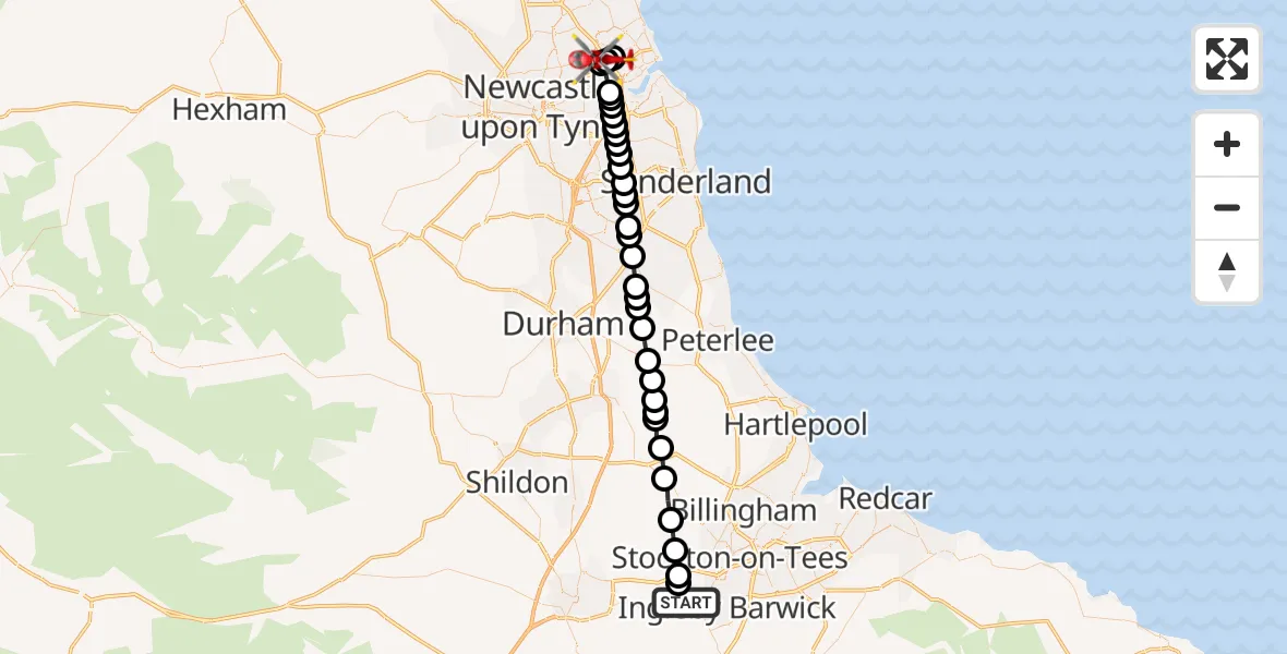 Flight route Air Ambulance Helicopter Egglescliffe - Holystone, 09 October 2026, 12:08