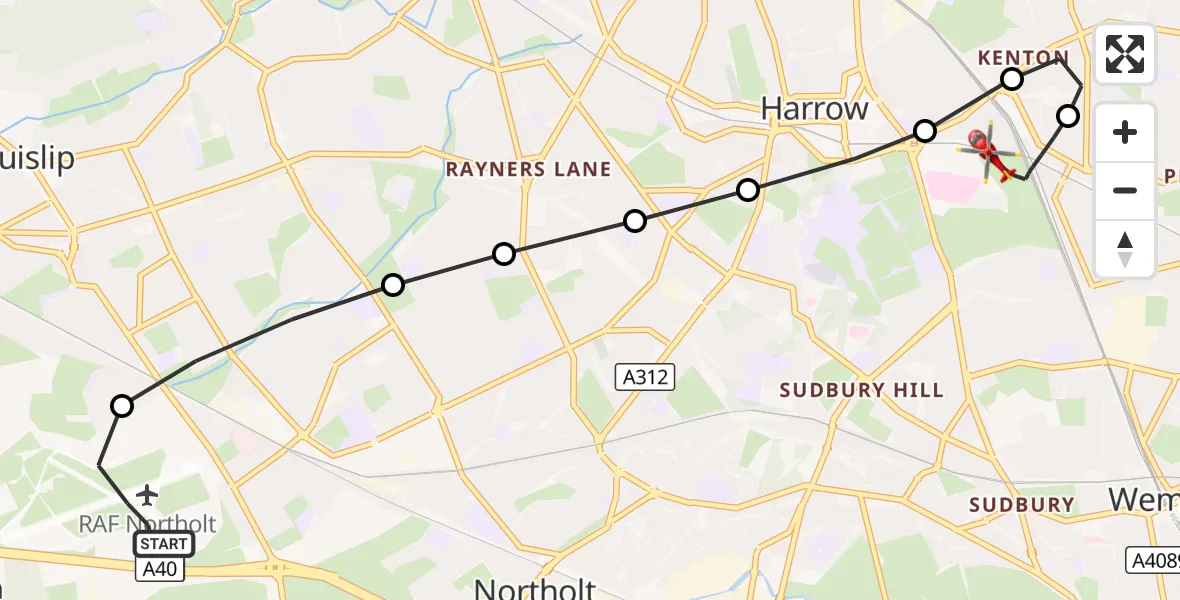 Flight route Air Ambulance Helicopter RAF Northolt - Preston, 09 October 2026, 12:08