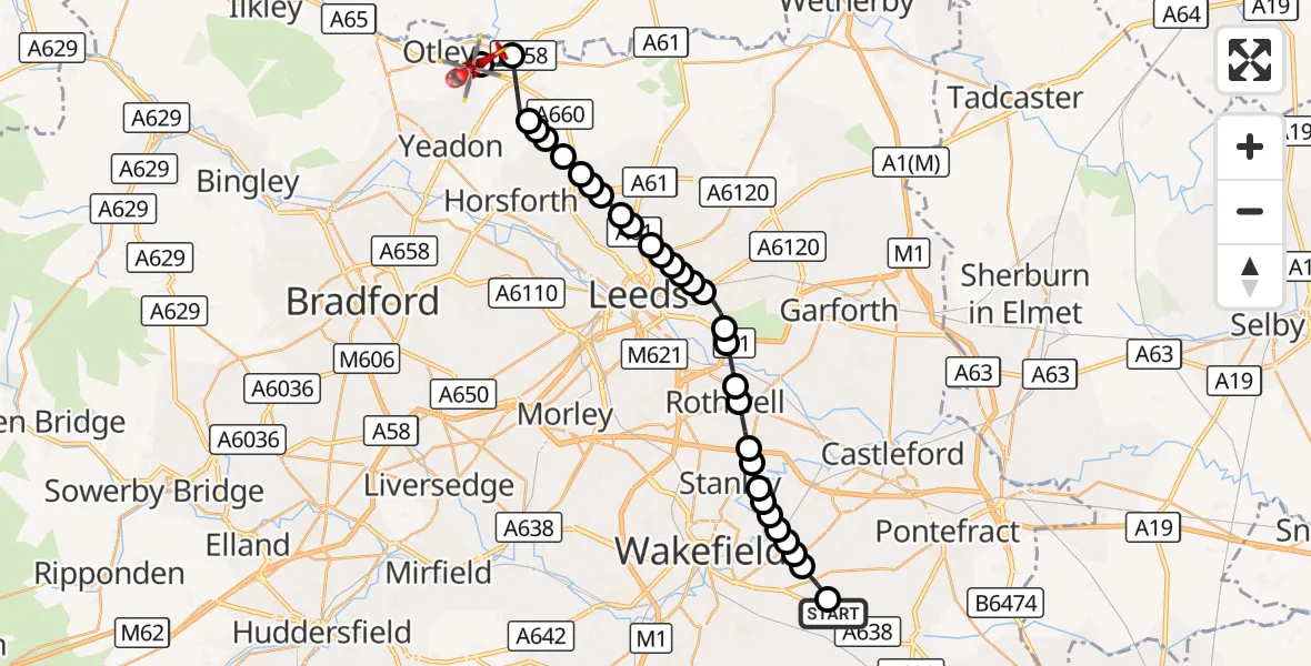 Flight route Air Ambulance Helicopter YAA Nostell Helicopter Port - Otley, 09 October 2026, 12:16