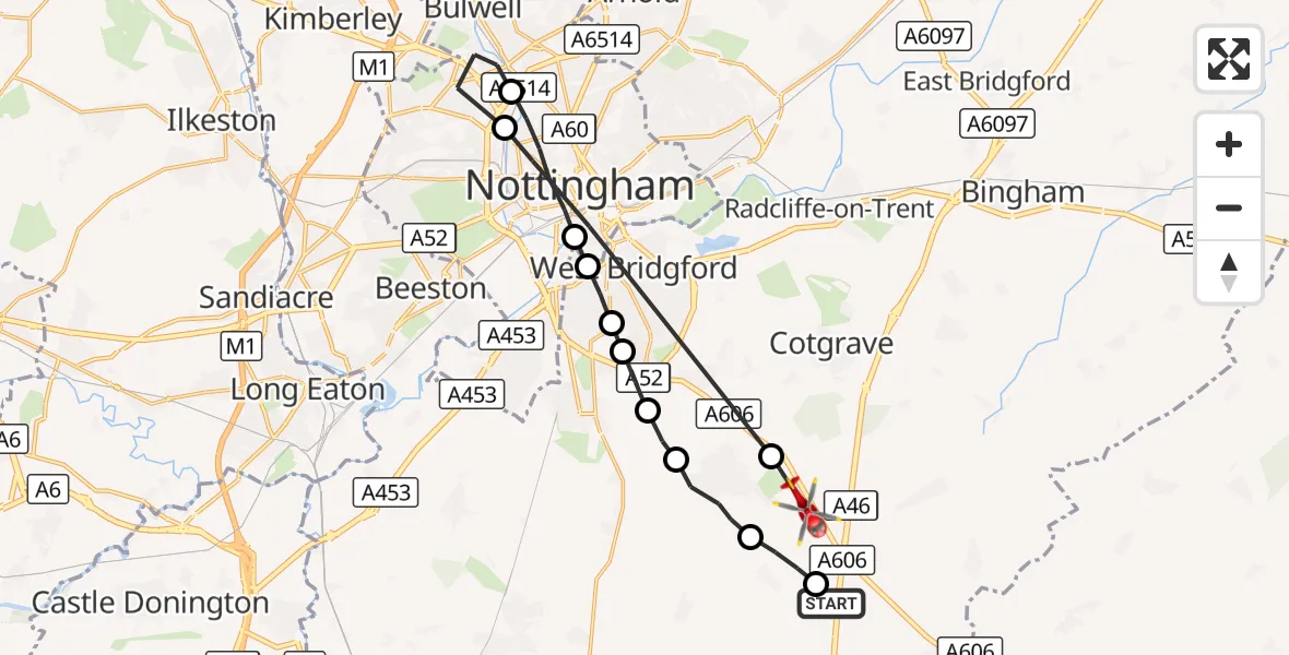 Flight route Air Ambulance Helicopter Nottingham Heliport - Stanton on the Wolds, 09 October 2026, 12:18