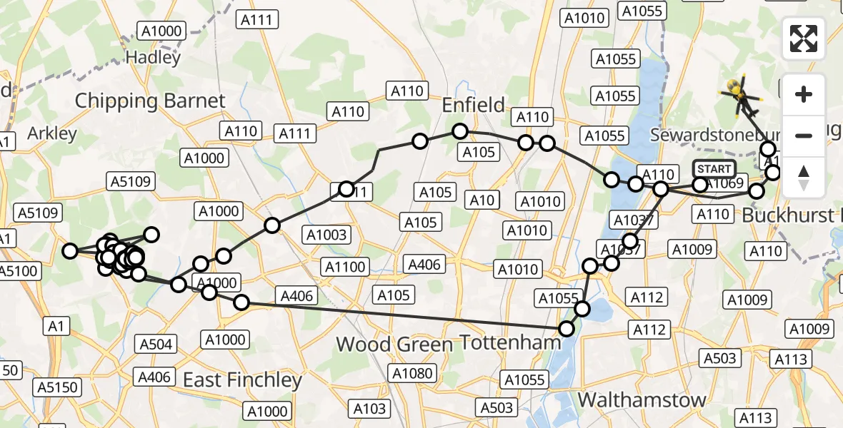 Flight route Police Helicopter Chingford - Metropolitan Police Air Support Unit Lippitts Hill, 09 October 2026, 12:25