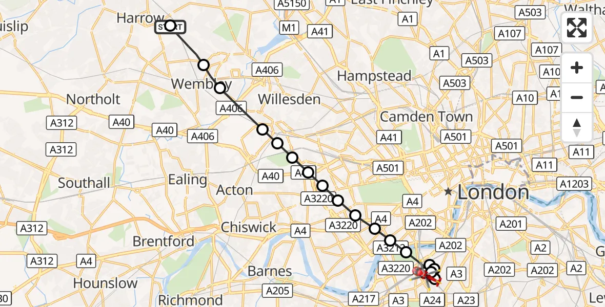 Flight route Air Ambulance Helicopter Brent - Stewarts Lane Depot, 09 October 2026, 12:58