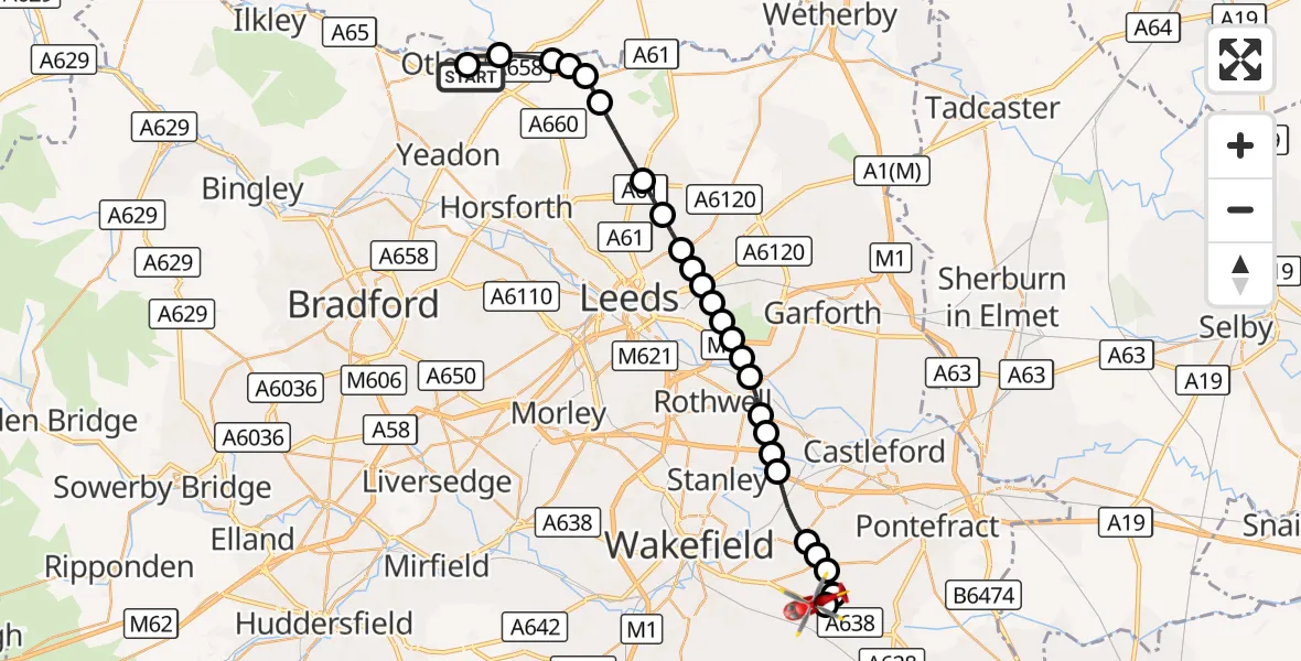 Flight route Air Ambulance Helicopter Otley - YAA Nostell Helicopter Port, 09 October 2026, 13:00