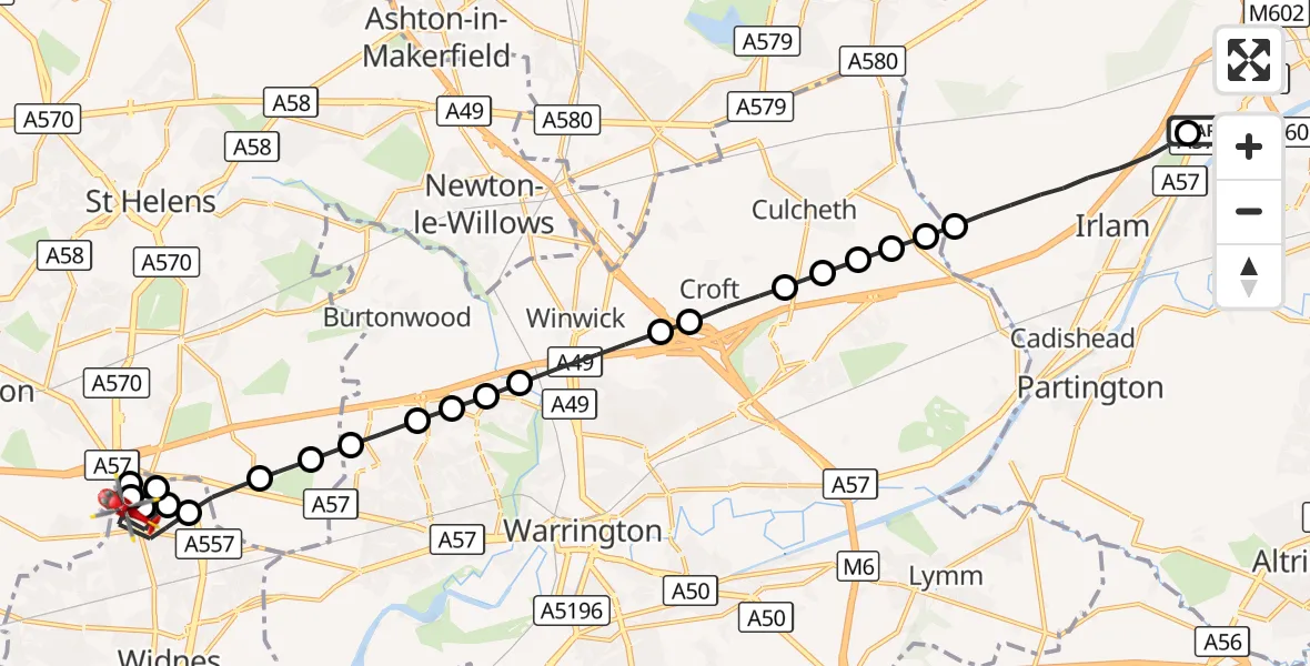 Flight route Air Ambulance Helicopter Manchester Barton Aerodrome - Widnes, 09 October 2026, 13:02