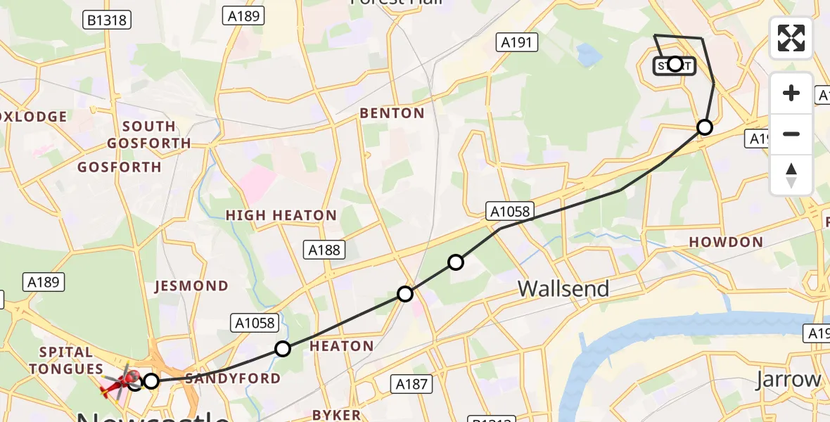 Flight route Air Ambulance Helicopter Wallsend - Newcastle Royal Victoria Infirmary, 09 October 2026, 13:16