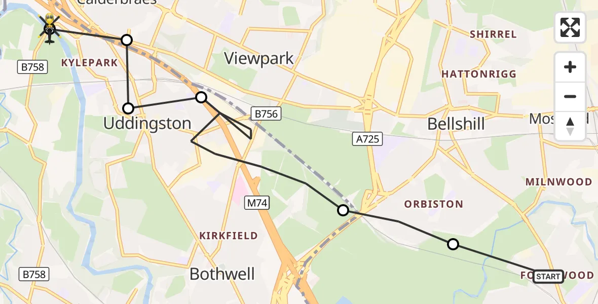 Flight route Police Helicopter Motherwell - River Clyde, 09 October 2026, 13:17