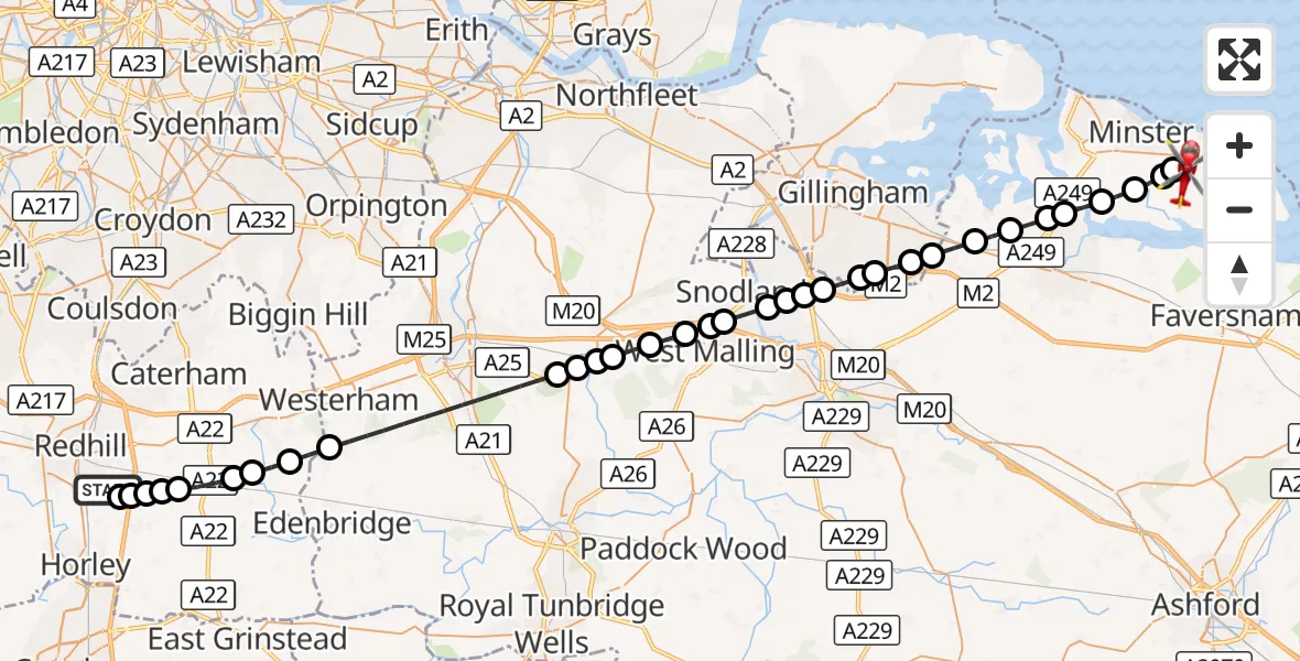 Flight route Air Ambulance Helicopter Redhill Aerodrome - Eastchurch, 09 October 2026, 13:45