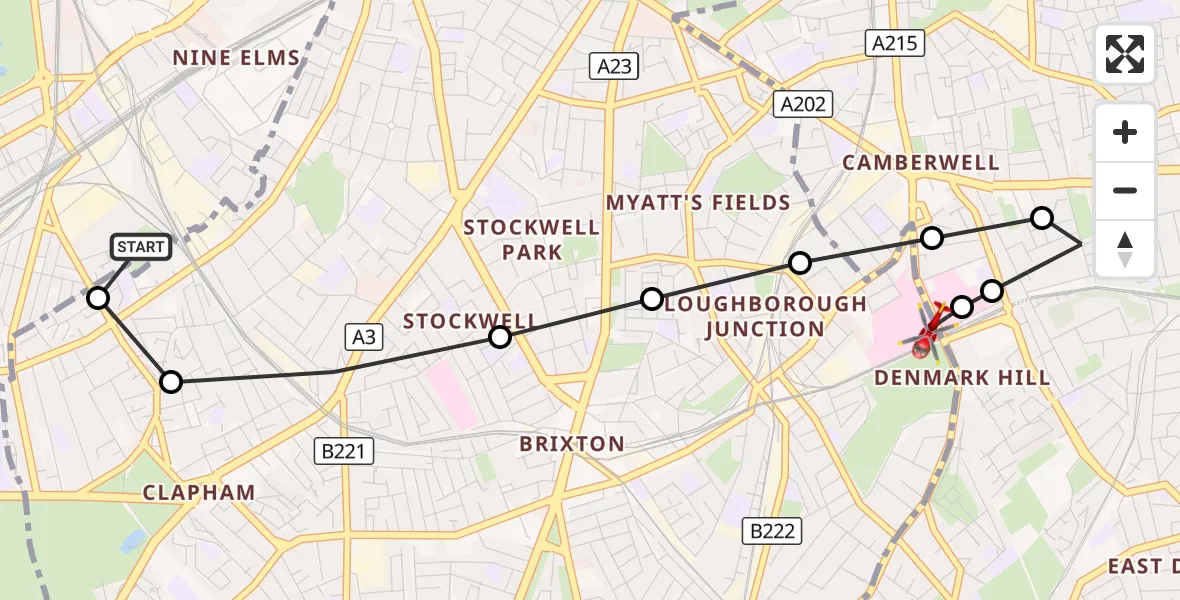 Flight route Air Ambulance Helicopter Stewarts Lane Depot - Kings College London Hospital, 09 October 2026, 13:48