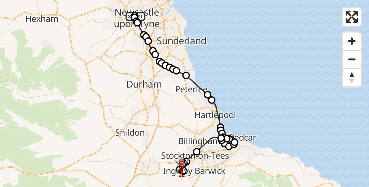 Flight route Air Ambulance Helicopter Newcastle Royal Victoria Infirmary - Egglescliffe, 09 October 2026, 13:58